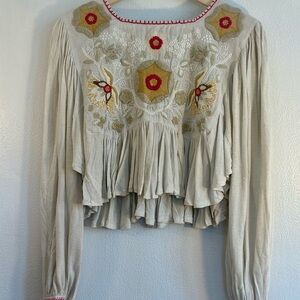 Free People Cream Blouse with Colorful Embroidery